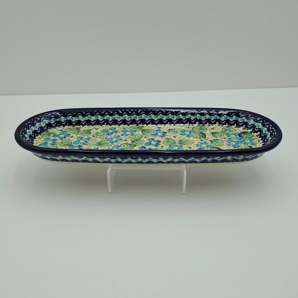 Polish Pottery Unikat Blue Floral Appetizer Tray 248 ART Oblong Relish Tray - Picture 7 of 7